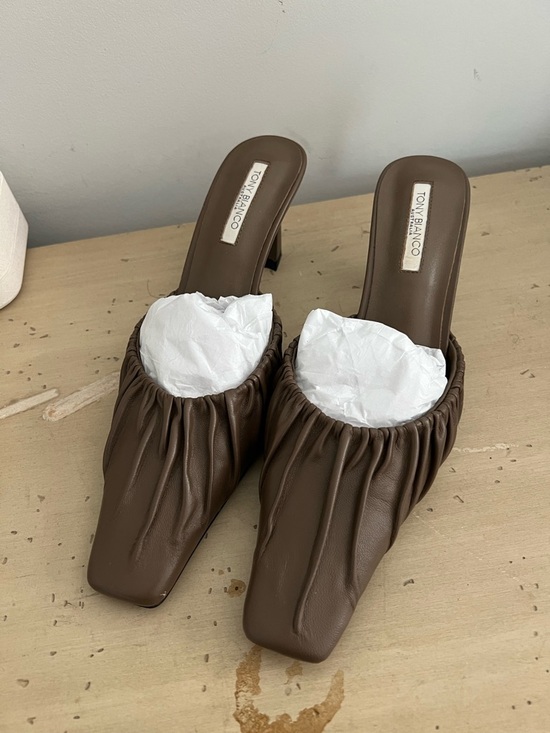 Tony Bianco Shoes - Tony Bianco Chocolate Brown Ruched Leather Mule Heels